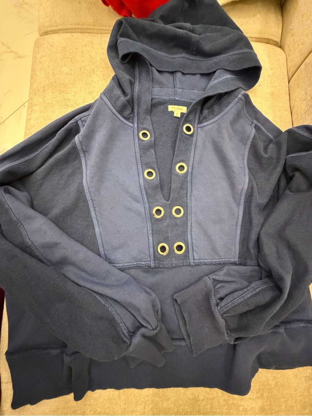 Navy Hooded Pullover Sweater with Grommet Placket